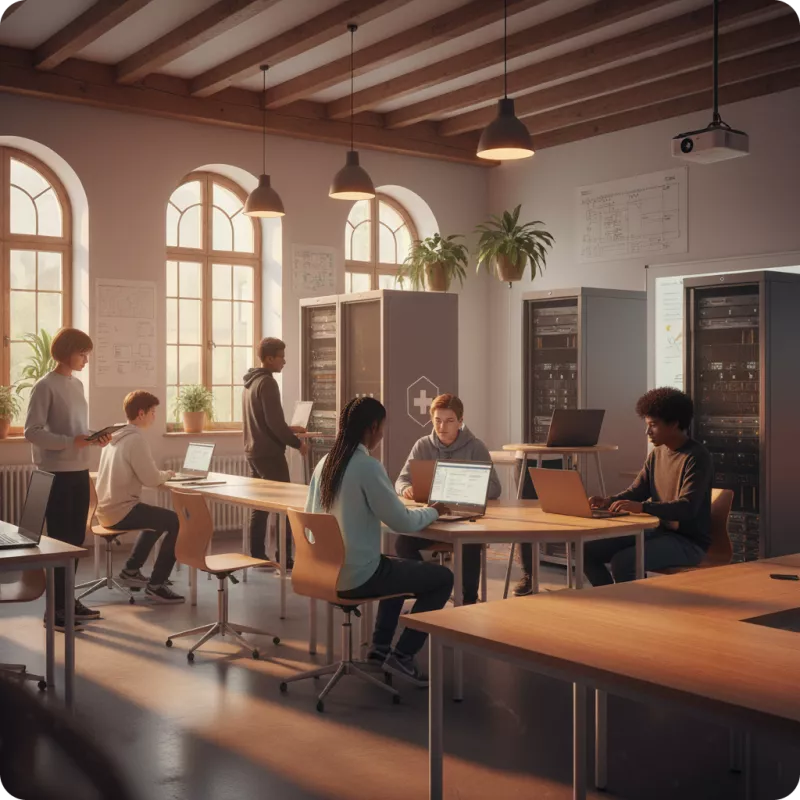 Cours interactif dans une grande salle avec de grandes fenêtres