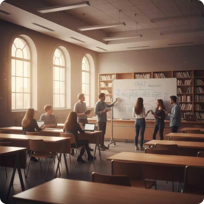 Atelier créatif avec un professeur et des élèves en arts appliqués